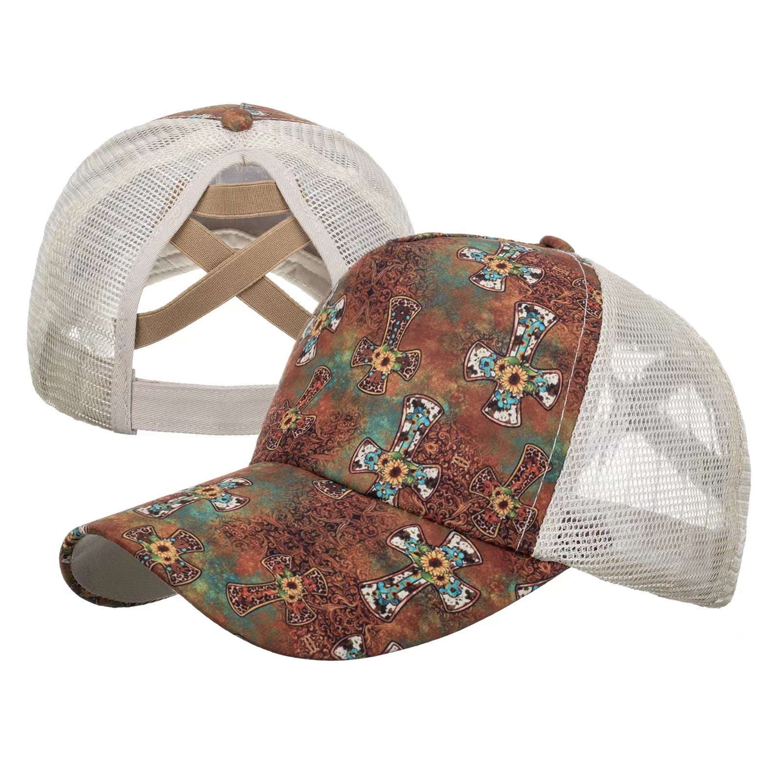 Wholesale Printed frayed edge cross ponytail baseball cap